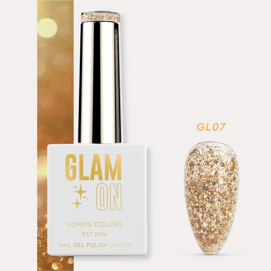 Trajni lak Somfis Glam ON GL07 u zlatnoj glitter nijansi s miješanim zrncima 9ml